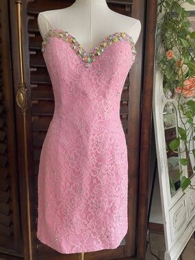 New As Is Strapless Pink Lace Cocktail Dress Embellished Sweetheart Neckline 6